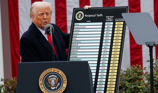 Trump met een bord met cijfers